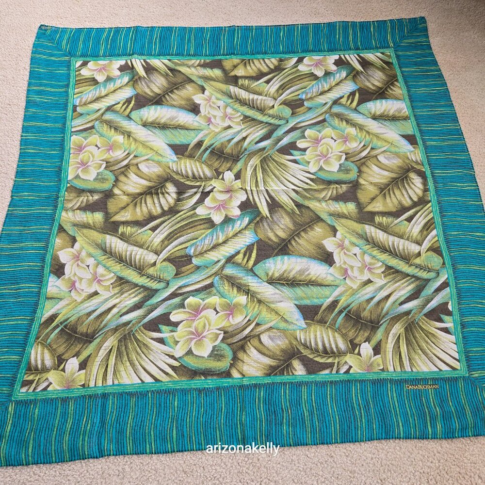 NWT Silk Scarf Hand Rolled Crepe Tropical Leaves Green Dana Buchman - Picture 7 of 12